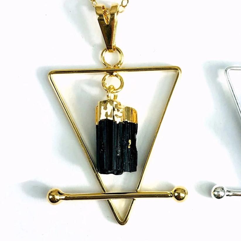 Black Tourmaline and Quartz with 14K gold plated or Silver Metal Pendant Necklace